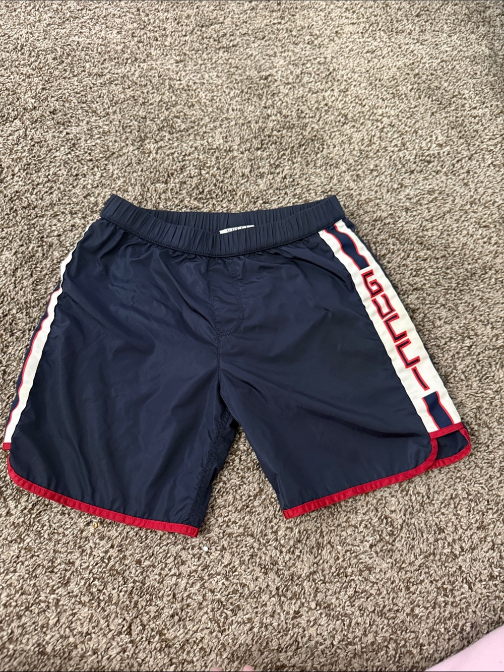 Gucci Navy Swim Shorts with Red & White Side Stripe